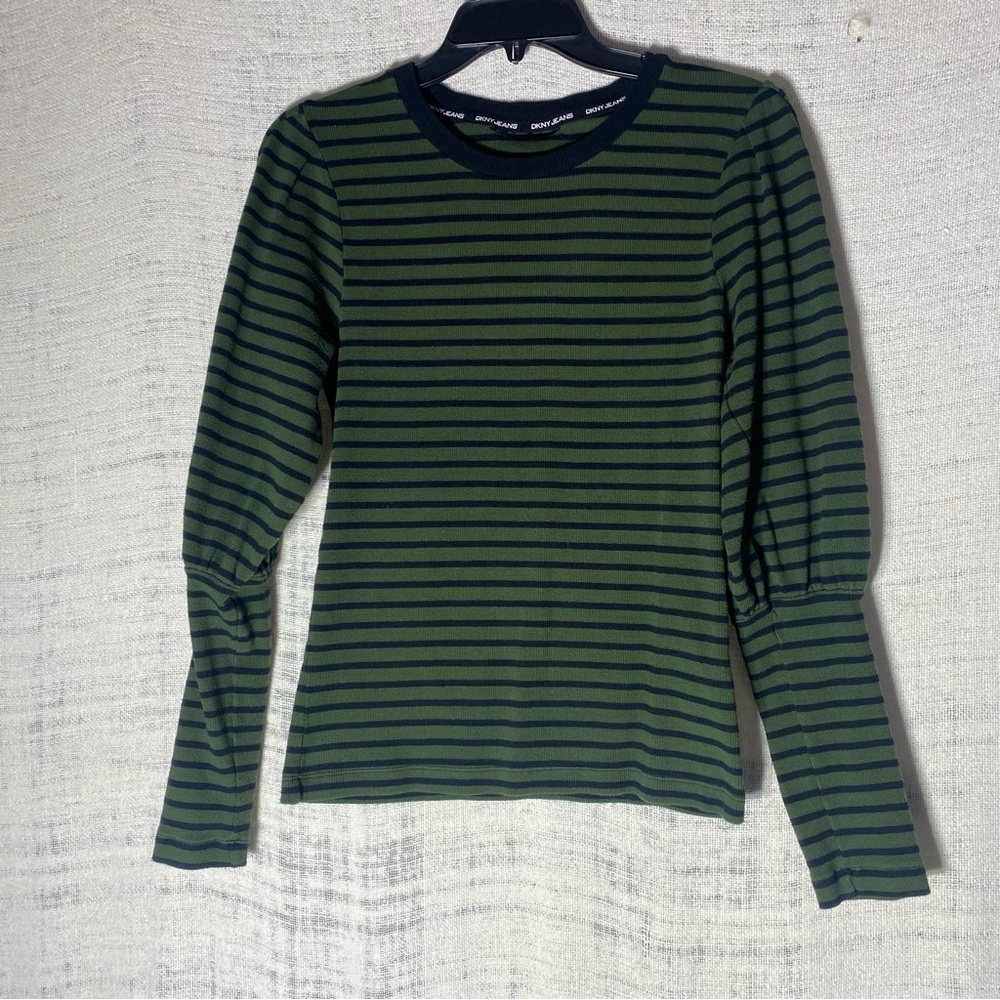 DKNY JEANS Striped Green/black Puffy Long Sleeve Cotton Blend Top Size L